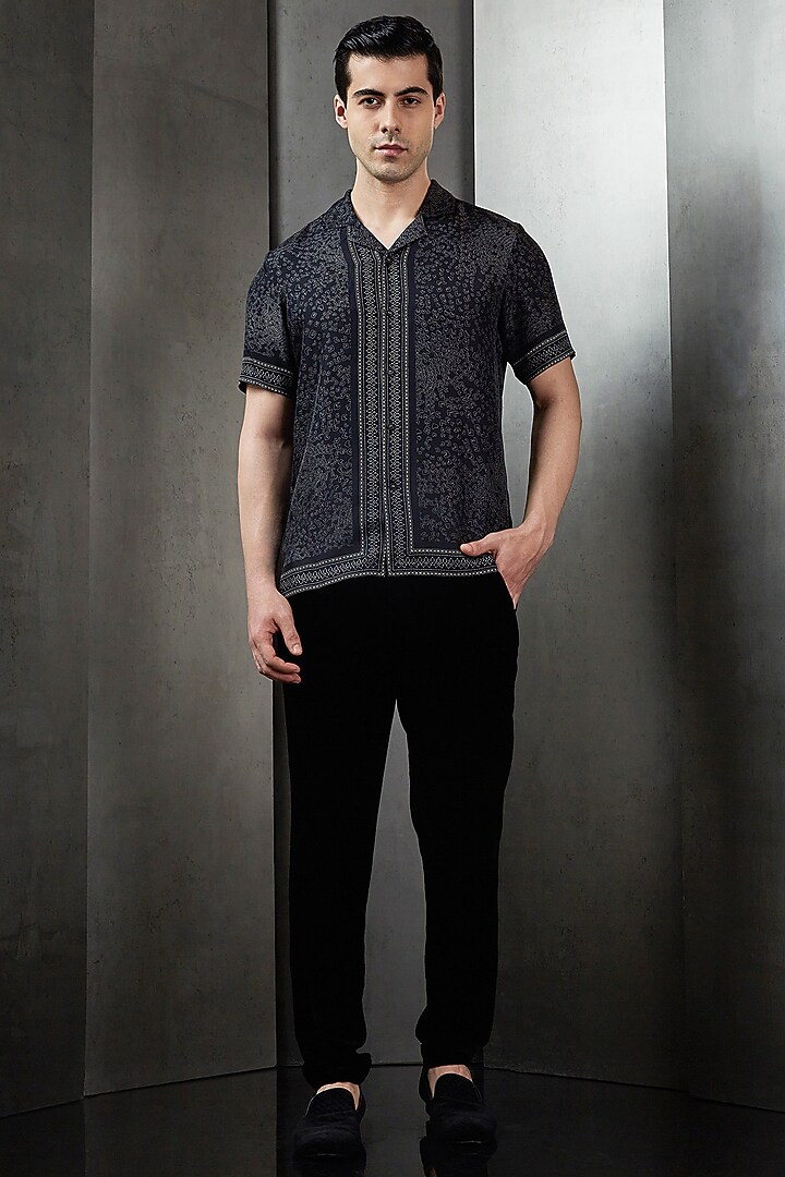Black Silk Digital Printed Wedding Shirt by Rohit Gandhi & Rahul Khanna Men at Pernia's Pop Up Shop