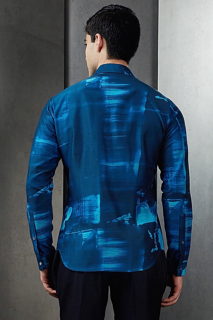 Blue Cotton Digital Printed Party Wear Shirt by Rohit Gandhi & Rahul Khanna Men at Pernia's Pop Up Shop