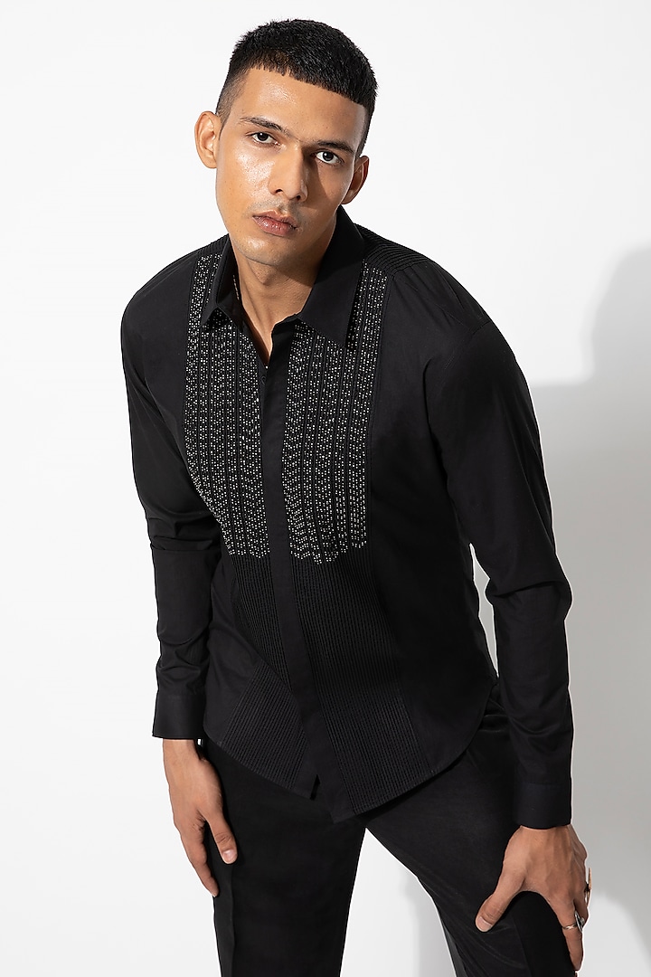 Black Cotton Embroidered Shirt by Rohit Gandhi & Rahul Khanna at Pernia's Pop Up Shop