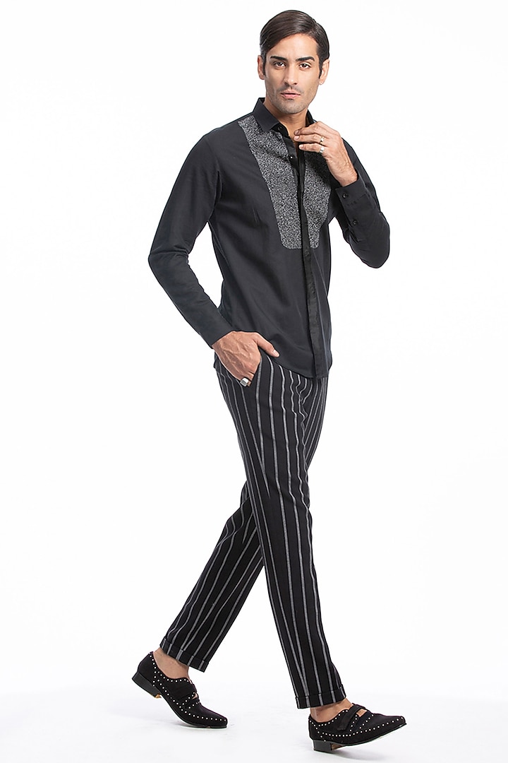 Black Cotton Hand Embroidered Party Wear Shirt by Rohit Gandhi & Rahul Khanna Men at Pernia's Pop Up Shop
