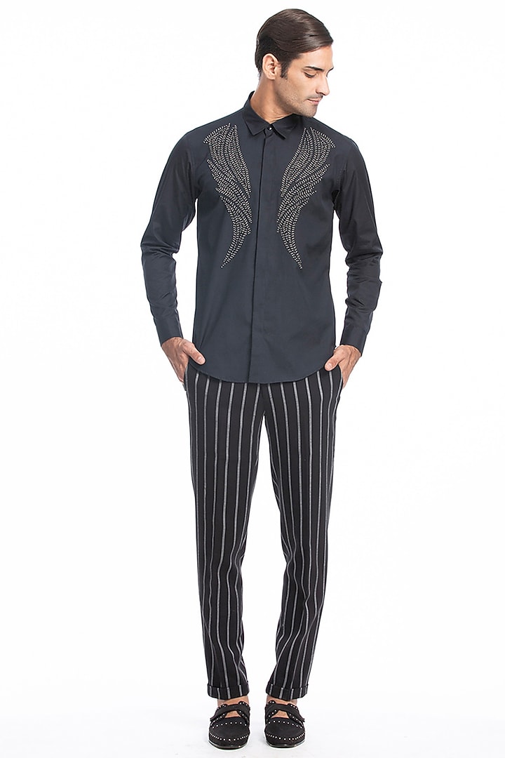 Navy Blue Cotton Hand Embroidered Wedding Shirt by Rohit Gandhi & Rahul Khanna Men at Pernia's Pop Up Shop
