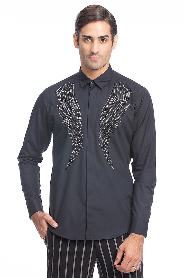 Navy Blue Cotton Hand Embroidered Wedding Shirt by Rohit Gandhi & Rahul Khanna Men at Pernia's Pop Up Shop