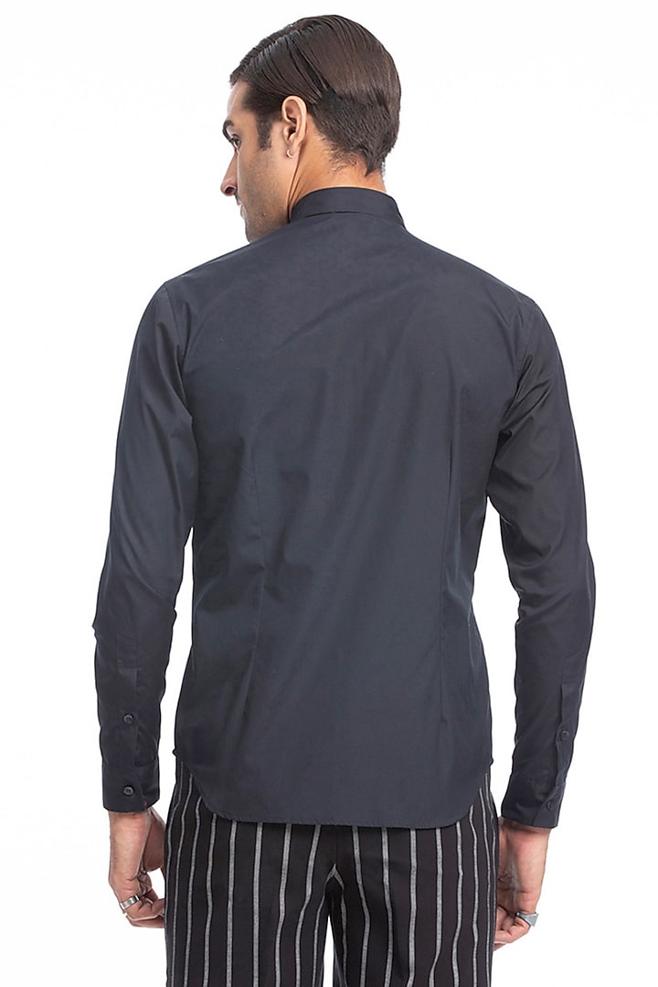 Navy Blue Cotton Hand Embroidered Wedding Shirt by Rohit Gandhi & Rahul Khanna Men at Pernia's Pop Up Shop