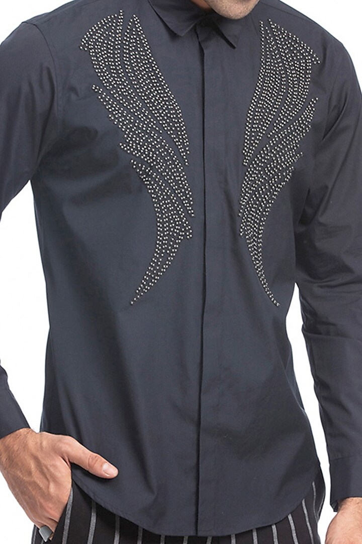 Navy Blue Cotton Hand Embroidered Wedding Shirt by Rohit Gandhi & Rahul Khanna Men at Pernia's Pop Up Shop