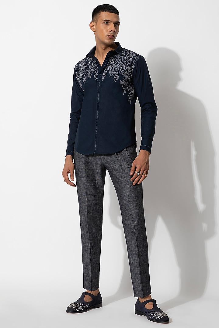 Midnight Blue Cotton & Silk Embroidered Handcrafted Wedding Shirt by Rohit Gandhi & Rahul Khanna Men at Pernia's Pop Up Shop