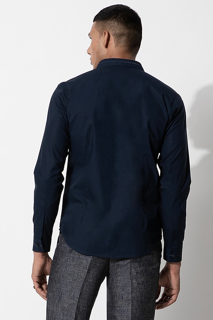 Midnight Blue Cotton & Silk Embroidered Handcrafted Wedding Shirt by Rohit Gandhi & Rahul Khanna Men at Pernia's Pop Up Shop
