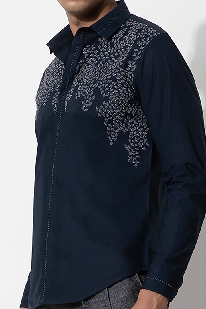 Midnight Blue Cotton & Silk Embroidered Handcrafted Wedding Shirt by Rohit Gandhi & Rahul Khanna Men at Pernia's Pop Up Shop