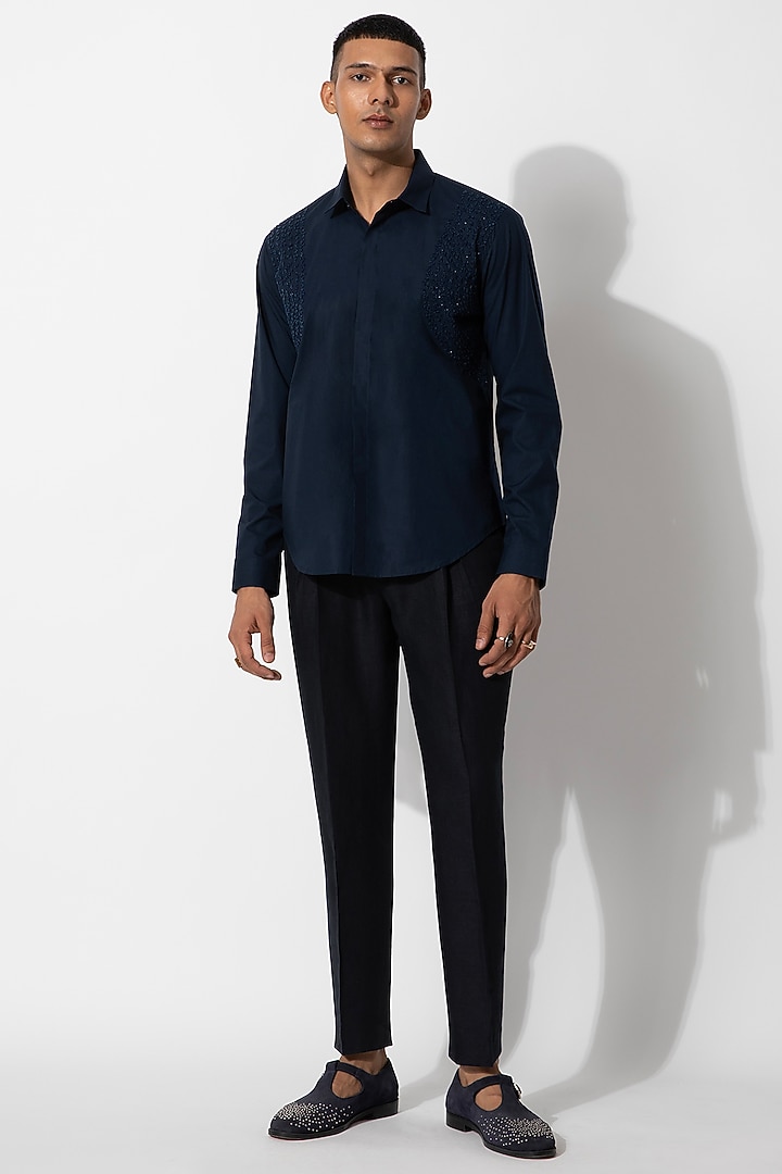 Navy Blue Cotton Embroidered Handcrafted Wedding Shirt by Rohit Gandhi & Rahul Khanna Men at Pernia's Pop Up Shop