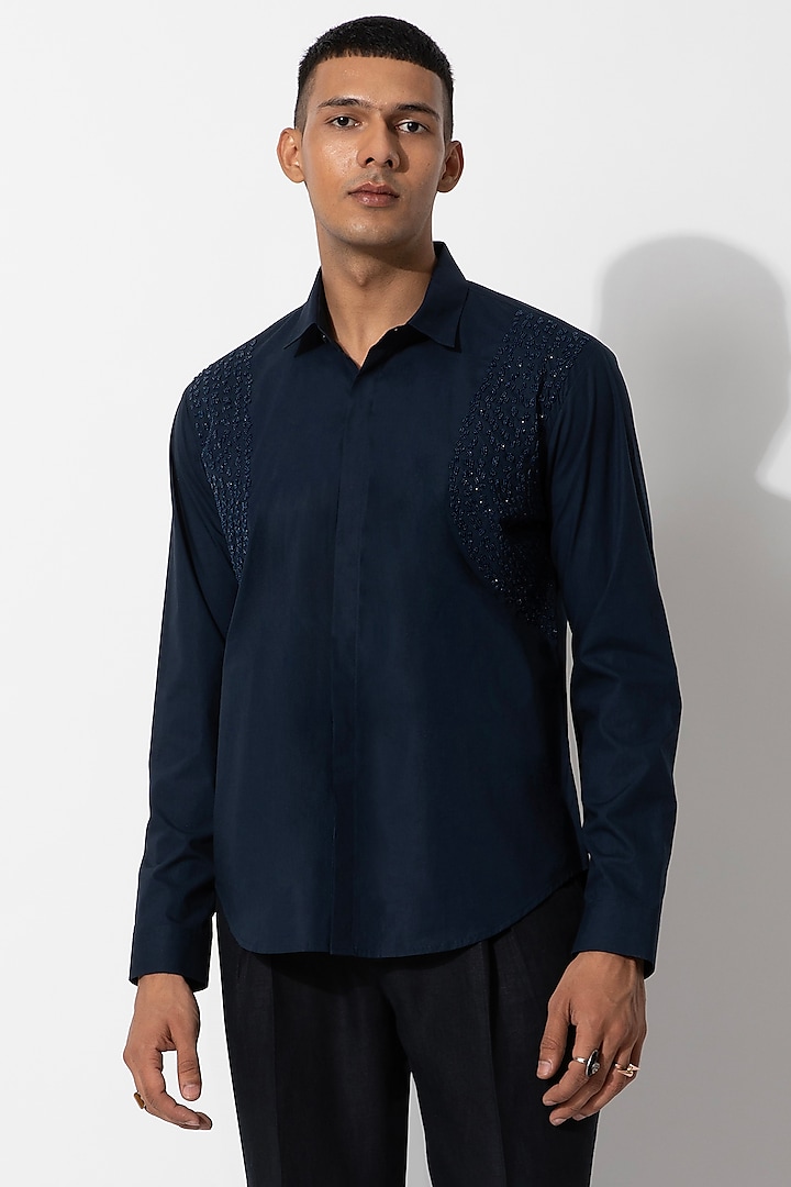 Navy Blue Cotton Embroidered Handcrafted Shirt by Rohit Gandhi & Rahul Khanna