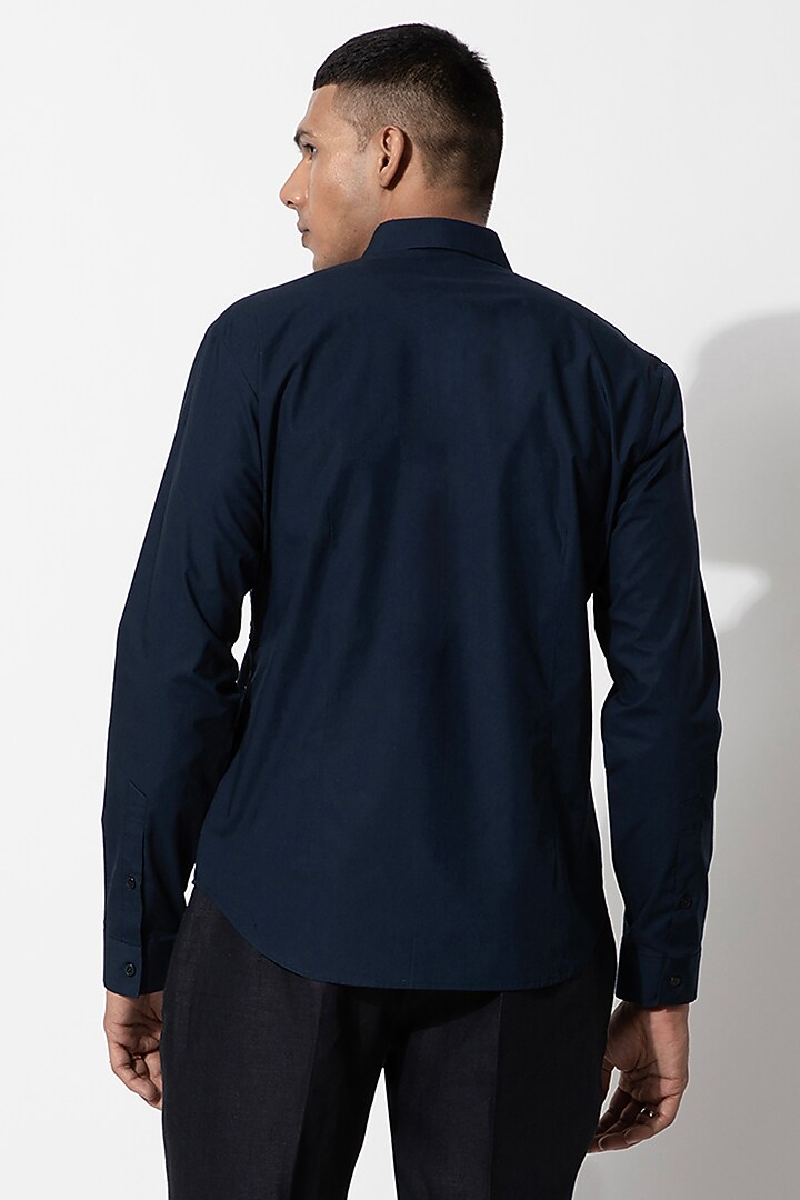 Navy Blue Cotton Embroidered Handcrafted Wedding Shirt by Rohit Gandhi & Rahul Khanna Men at Pernia's Pop Up Shop