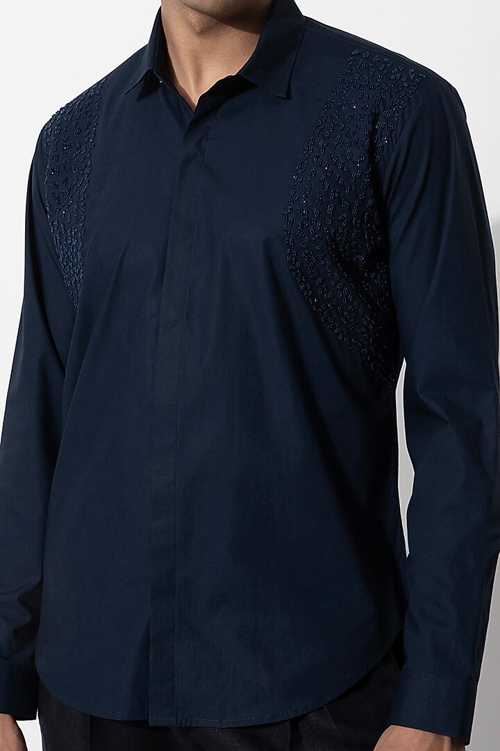 Navy Blue Cotton Embroidered Handcrafted Wedding Shirt by Rohit Gandhi & Rahul Khanna Men at Pernia's Pop Up Shop