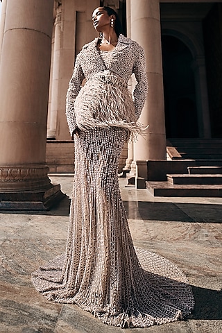 Mocha Mousse Tulle Embellished Skirt Set by Rohit Gandhi & Rahul Khanna