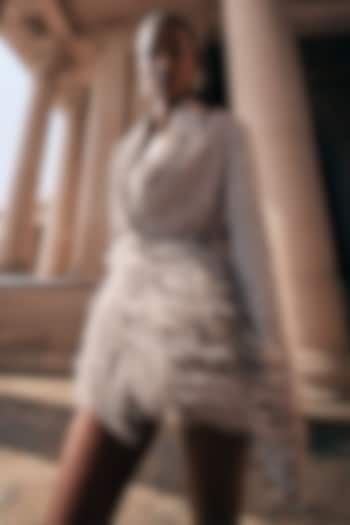 Mocha Mousse Tulle Pearl Embellished Jacket Party Wear Dress by Rohit Gandhi & Rahul Khanna at Pernia's Pop Up Shop