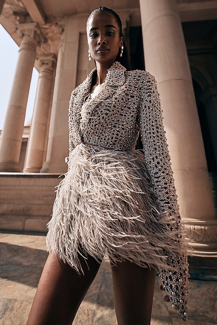 Mocha Mousse Tulle Pearl Embellished Jacket Party Wear Dress by Rohit Gandhi & Rahul Khanna at Pernia's Pop Up Shop