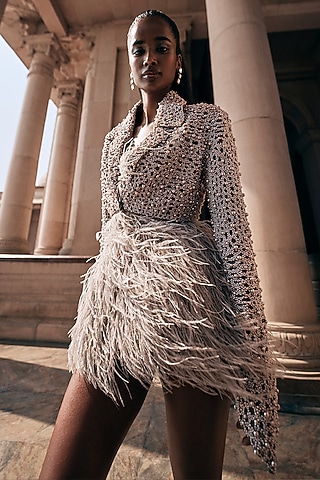 Mocha Mousse Tulle Pearl Embellished Jacket Dress by Rohit Gandhi & Rahul Khanna