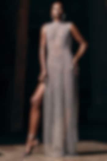 Mocha Mousse Tulle Embellished Slit Party Wear Dress by Rohit Gandhi & Rahul Khanna at Pernia's Pop Up Shop