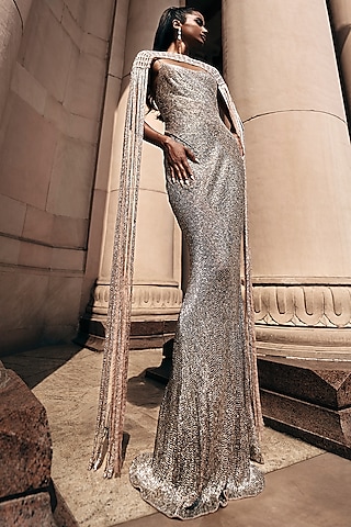 Vintage Rose Viscose Beadwork Gown With Cape by Rohit Gandhi & Rahul Khanna
