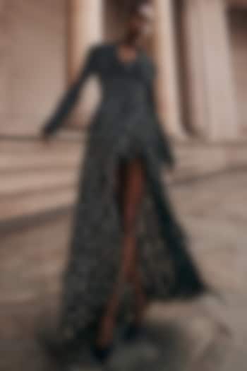 Black Tulle Bead Embellished Asymmetric Party Wear Dress by Rohit Gandhi & Rahul Khanna at Pernia's Pop Up Shop