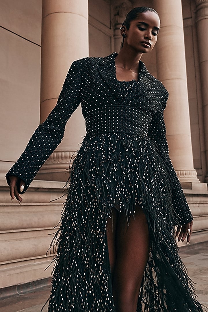 Black Tulle Bead Embellished Asymmetric Party Wear Dress by Rohit Gandhi & Rahul Khanna at Pernia's Pop Up Shop