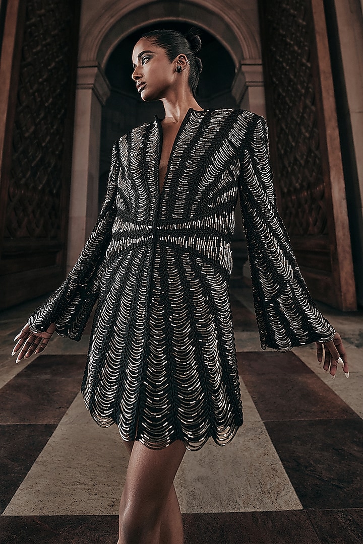 Black Tulle Hand Embellished Jacket by Rohit Gandhi & Rahul Khanna at Pernia's Pop Up Shop