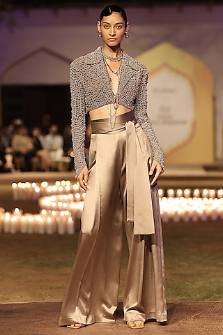 Mocha Mousse Viscose Hand Embellished Cropped Jacket Set by Rohit Gandhi & Rahul Khanna