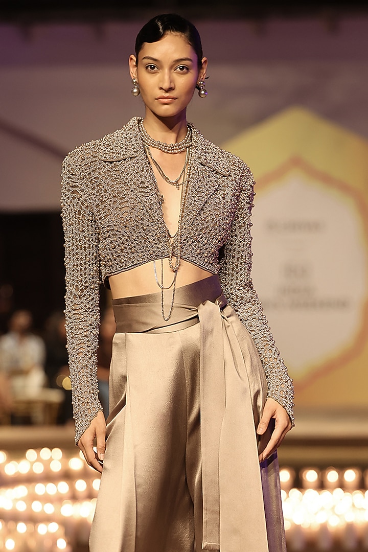 Mocha Mousse Viscose Hand Embellished Cropped Jacket Set by Rohit Gandhi & Rahul Khanna at Pernia's Pop Up Shop