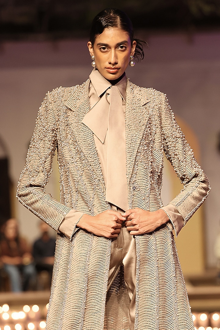 Granite Silk Hand Embellished Jacket Set by Rohit Gandhi & Rahul Khanna at Pernia's Pop Up Shop