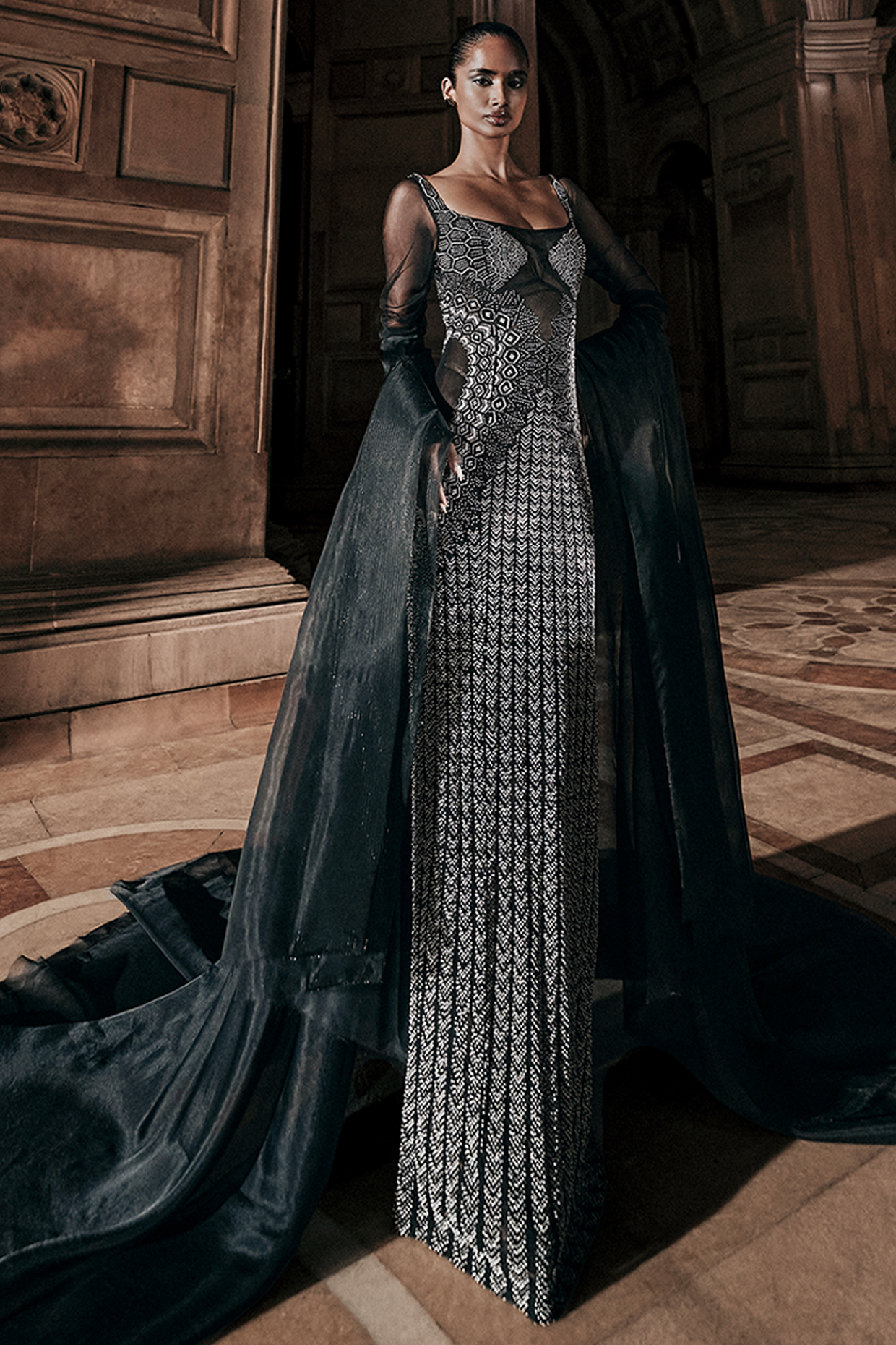 Black Tulle Beadwork Gown With Cape by Rohit Gandhi & Rahul Khanna at Pernia's Pop Up Shop