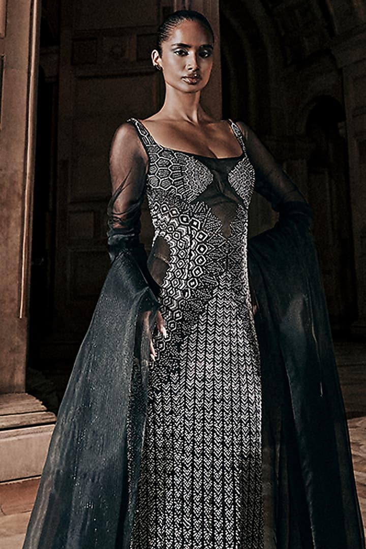 Black Tulle Beadwork Gown With Cape by Rohit Gandhi & Rahul Khanna at Pernia's Pop Up Shop