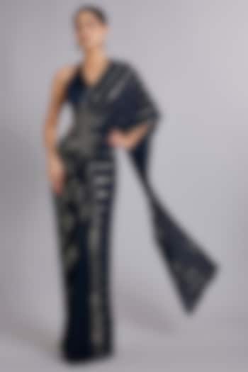 Navy Blue Satin Tulle Bead Embellished Draped Reception Saree Set by Rohit Gandhi & Rahul Khanna at Pernia's Pop Up Shop