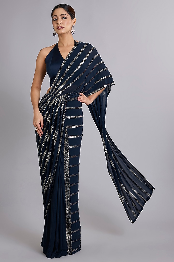 Navy Blue Satin Tulle Bead Embellished Draped Reception Saree Set by Rohit Gandhi & Rahul Khanna at Pernia's Pop Up Shop