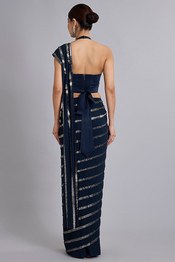 Navy Blue Satin Tulle Bead Embellished Draped Reception Saree Set by Rohit Gandhi & Rahul Khanna at Pernia's Pop Up Shop