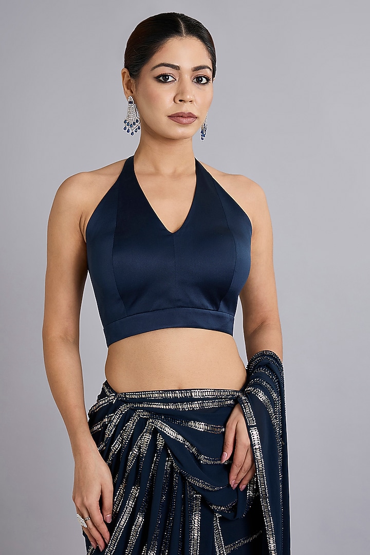Navy Blue Satin Tulle Bead Embellished Draped Reception Saree Set by Rohit Gandhi & Rahul Khanna at Pernia's Pop Up Shop