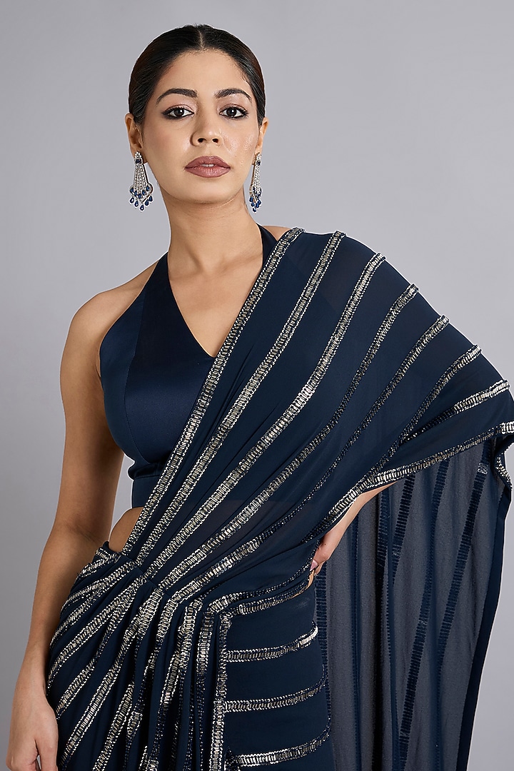 Navy Blue Satin Tulle Bead Embellished Draped Reception Saree Set by Rohit Gandhi & Rahul Khanna at Pernia's Pop Up Shop