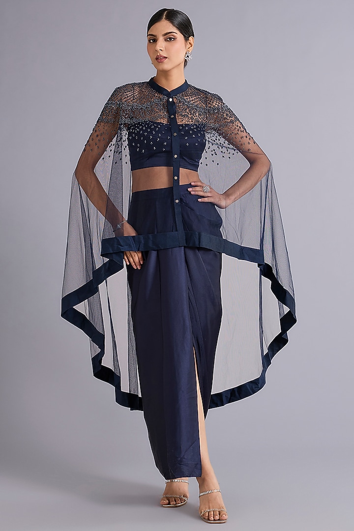 Navy Blue Poly Georgette Sequins Embellished Cape Set by Rohit Gandhi & Rahul Khanna at Pernia's Pop Up Shop