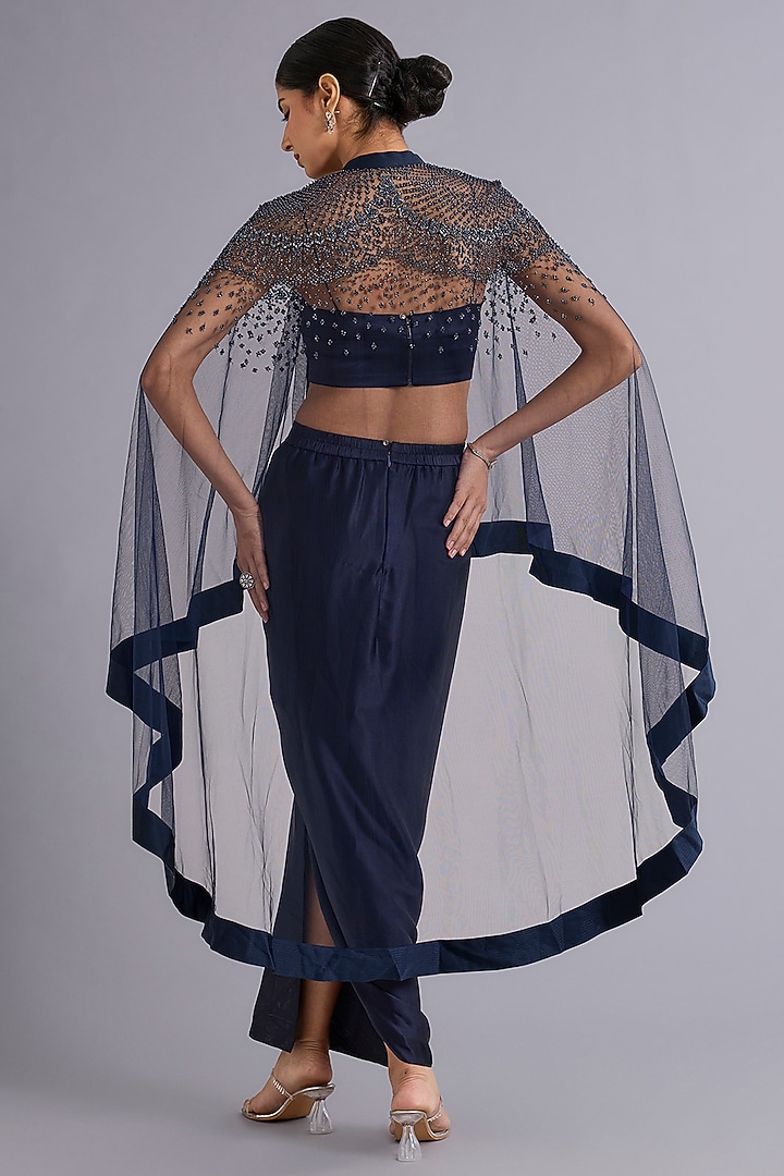 Navy Blue Poly Georgette Sequins Embellished Cape Set by Rohit Gandhi & Rahul Khanna at Pernia's Pop Up Shop