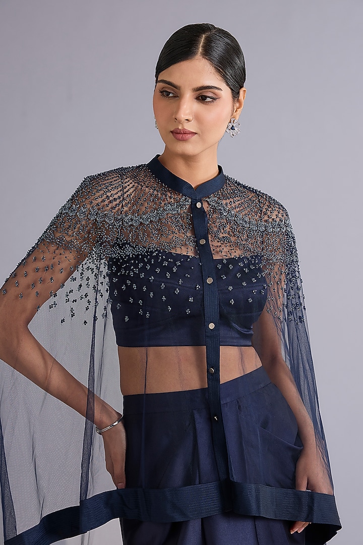 Navy Blue Poly Georgette Sequins Embellished Cape Set by Rohit Gandhi & Rahul Khanna at Pernia's Pop Up Shop
