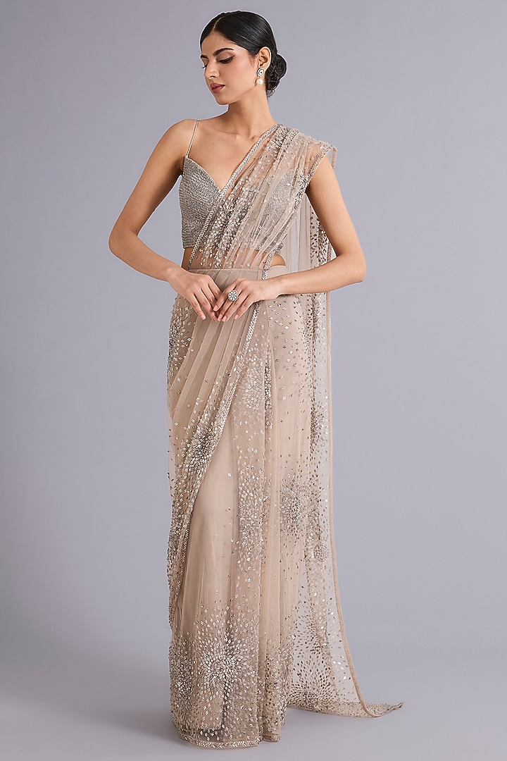 Nude Tulle Sequins Embellished Bridal Gown Saree Set by Rohit Gandhi & Rahul Khanna at Pernia's Pop Up Shop