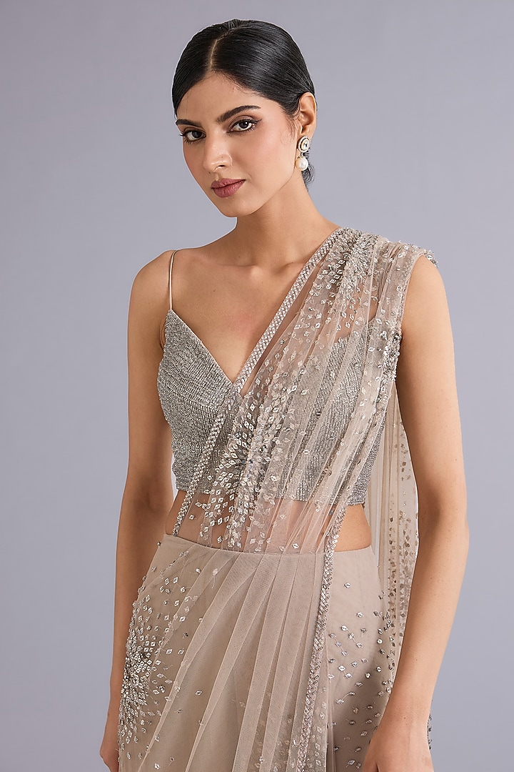 Nude Tulle Sequins Embellished Bridal Gown Saree Set by Rohit Gandhi & Rahul Khanna at Pernia's Pop Up Shop