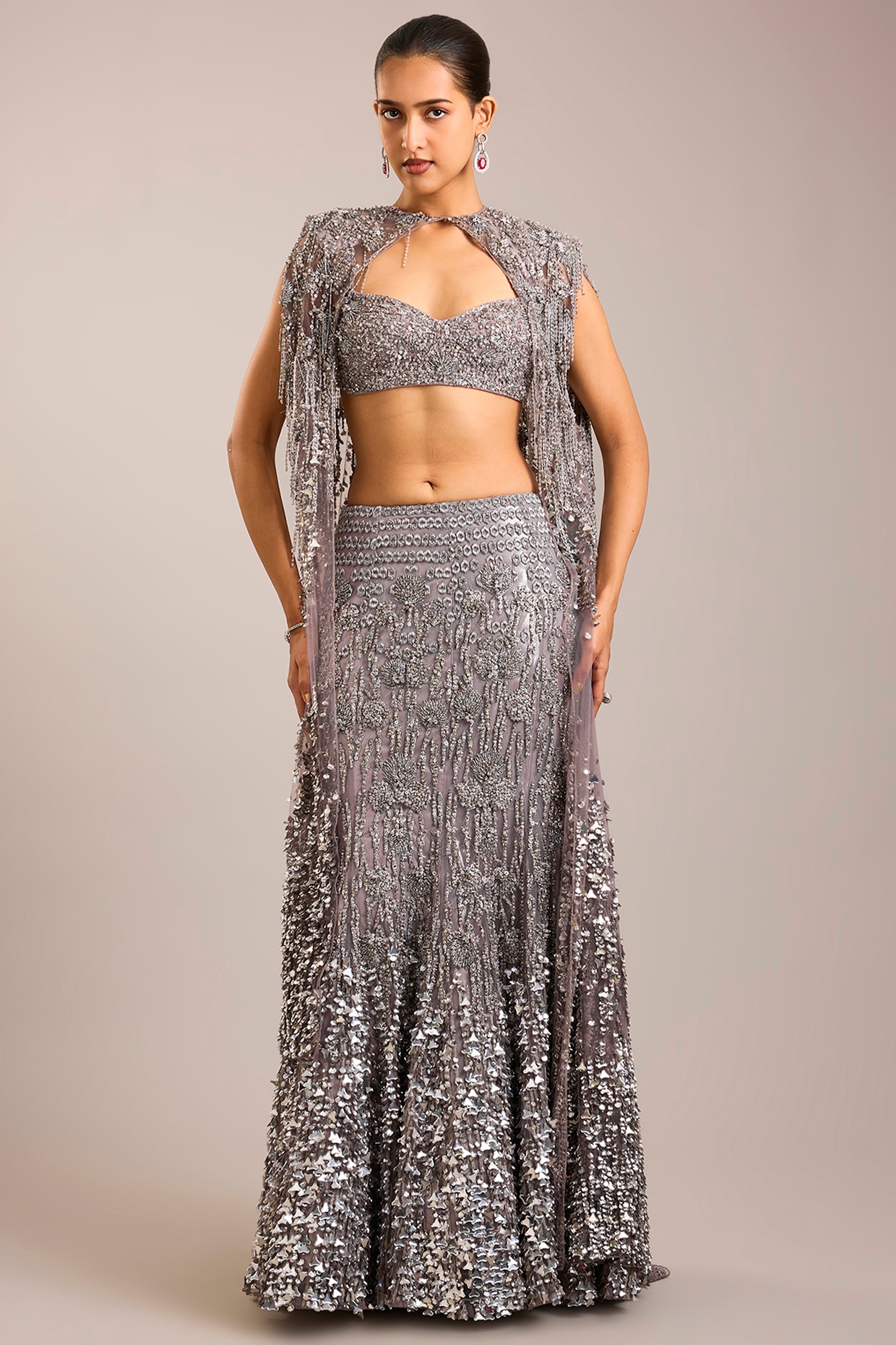 Rohit Gandhi & Rahul Khanna Steel Rose Tulle Embellished Lehenga Set