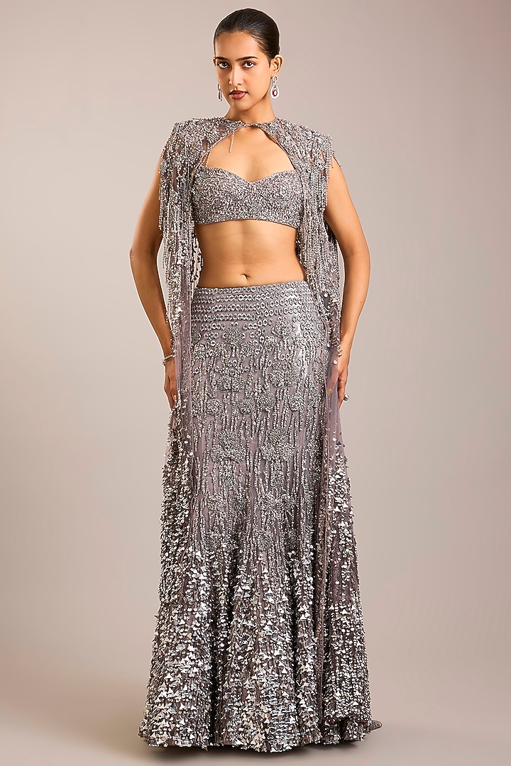 Steel Rose Tulle Embellished Bridal Lehenga Set by Rohit Gandhi & Rahul Khanna at Pernia's Pop Up Shop