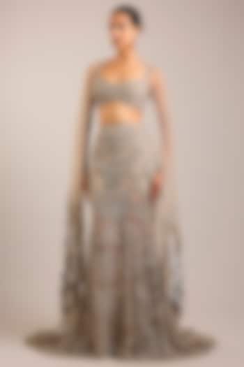 Antique Silver Tulle Embellished Bridal Lehenga Set by Rohit Gandhi & Rahul Khanna at Pernia's Pop Up Shop