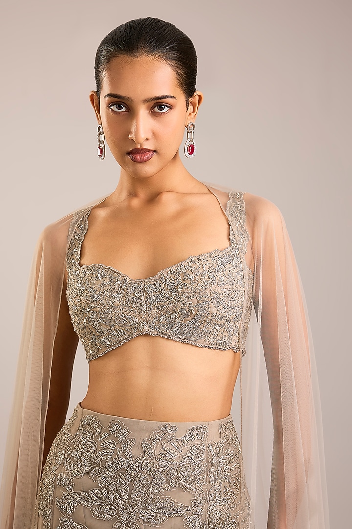 Antique Silver Tulle Embellished Bridal Lehenga Set by Rohit Gandhi & Rahul Khanna at Pernia's Pop Up Shop