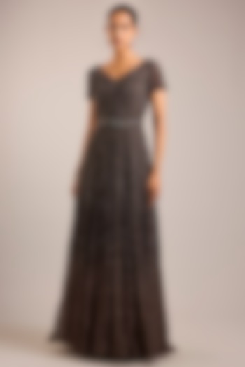 Gunmetal Tulle Embellished V-Neck Bridal Gown by Rohit Gandhi & Rahul Khanna at Pernia's Pop Up Shop