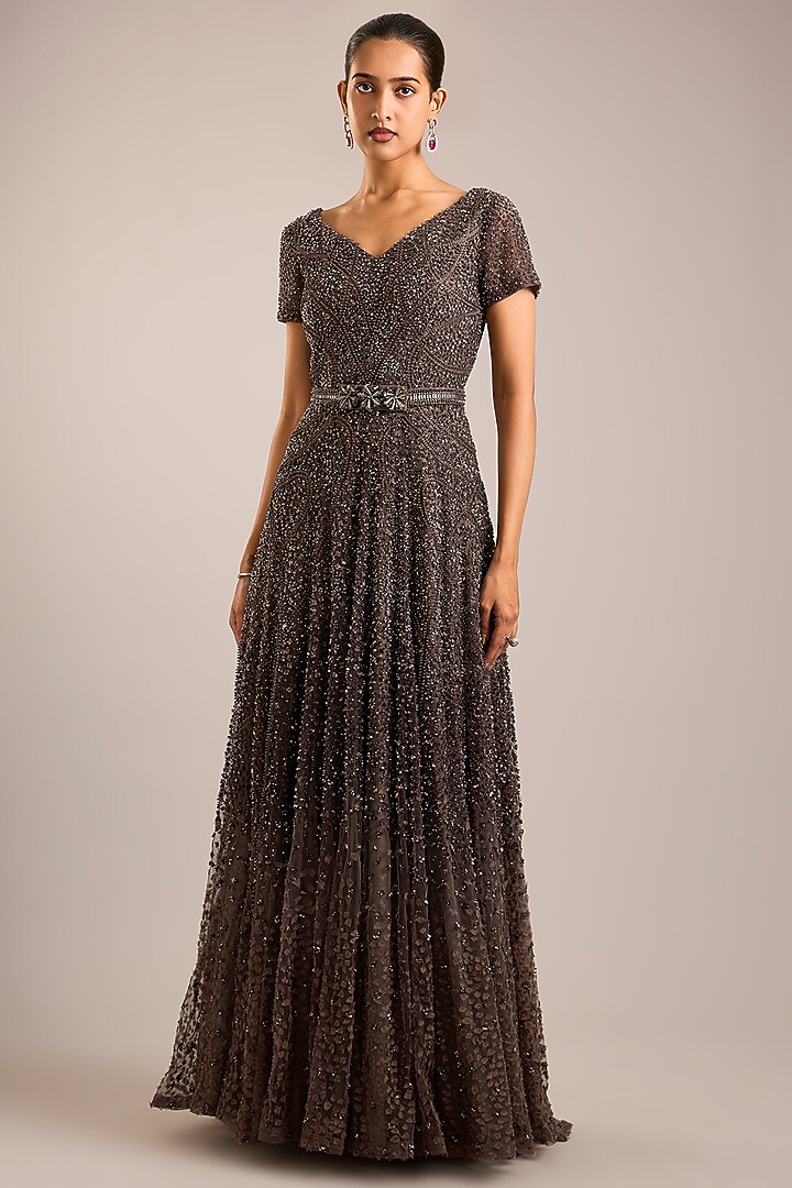 Gunmetal Tulle Embellished V-Neck Bridal Gown by Rohit Gandhi & Rahul Khanna at Pernia's Pop Up Shop