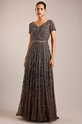 Gunmetal Tulle Embellished V-Neck Gown by Rohit Gandhi & Rahul Khanna