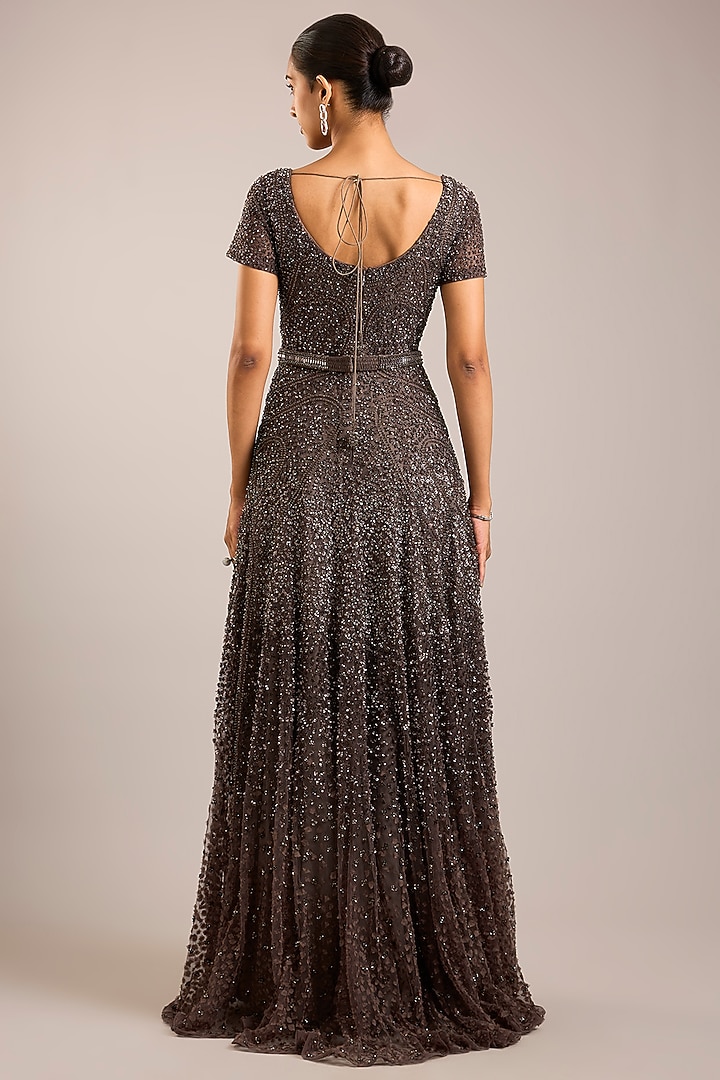 Gunmetal Tulle Embellished V-Neck Bridal Gown by Rohit Gandhi & Rahul Khanna at Pernia's Pop Up Shop