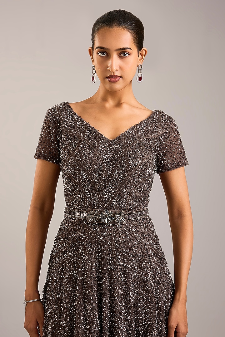 Gunmetal Tulle Embellished V-Neck Bridal Gown by Rohit Gandhi & Rahul Khanna at Pernia's Pop Up Shop