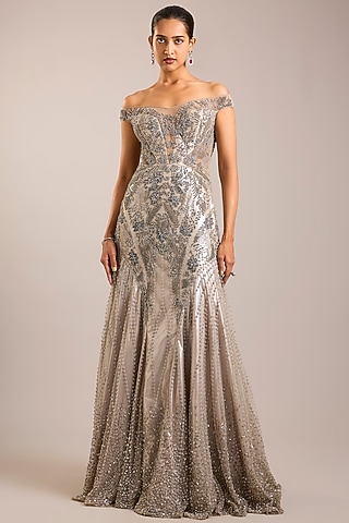 Antique Silver Tulle Embellished Gown by Rohit Gandhi & Rahul Khanna