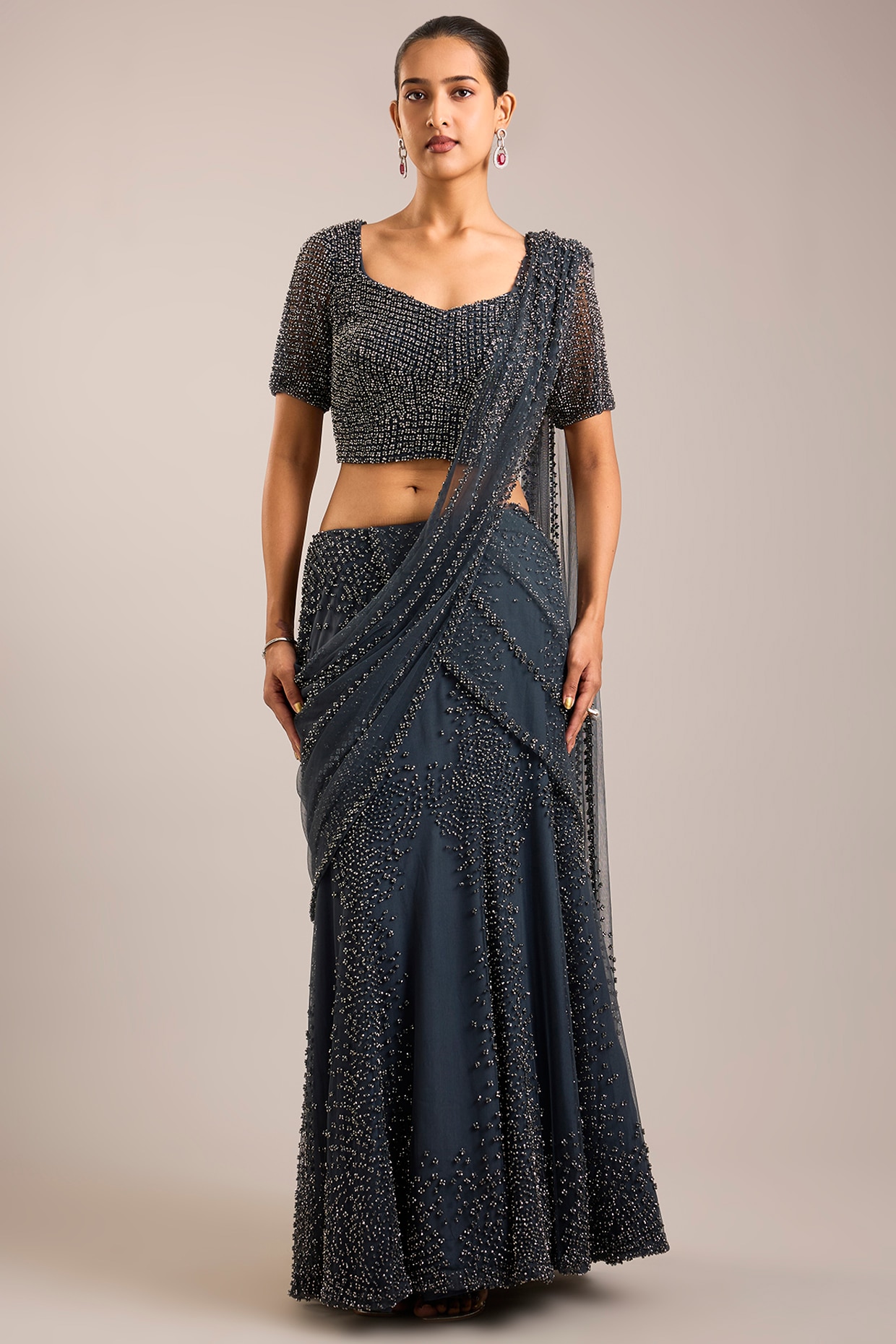 Rohit Gandhi & Rahul Khanna Steel Grey Tulle Hand Embellished Draped Saree Set